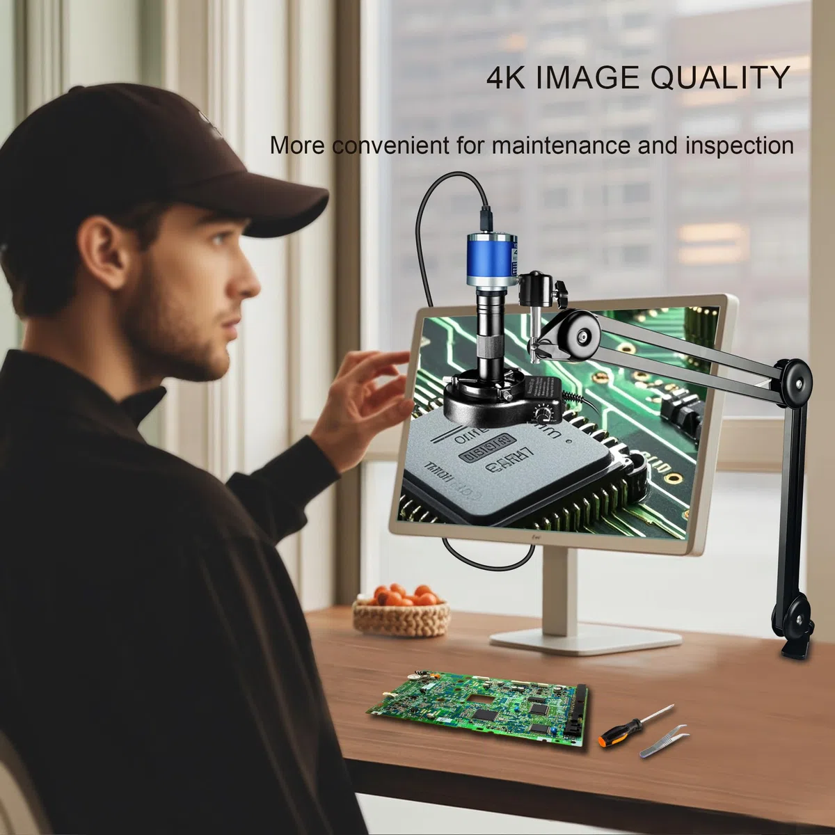 Microscopio Digital, 48MP 4K 1080P HDMI Tipo-C/USB Cámara de Vídeo Industrial para Microscopios, Objetivo con Montura C y Zoom 150X, Soporte Plegable, Luz LED