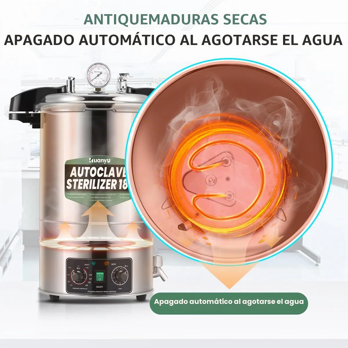 Huanyu Esterilizador Autoclave 18L Autoclave eléctrico de laboratorio ajustable en temperatura y tiempo Diseño de apertura rápida Esterilizador de vapor de alta presión para laboratorios Universidades