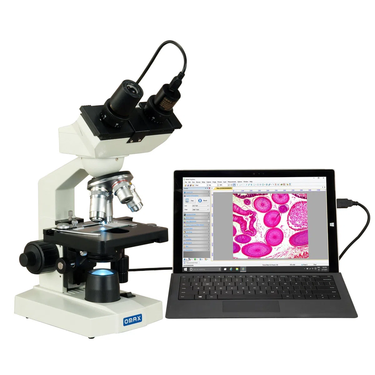 Omax 40 x -2500 X LED prismáticos compuesto microscopio de laboratorio con cámara USB y mecánica etapa