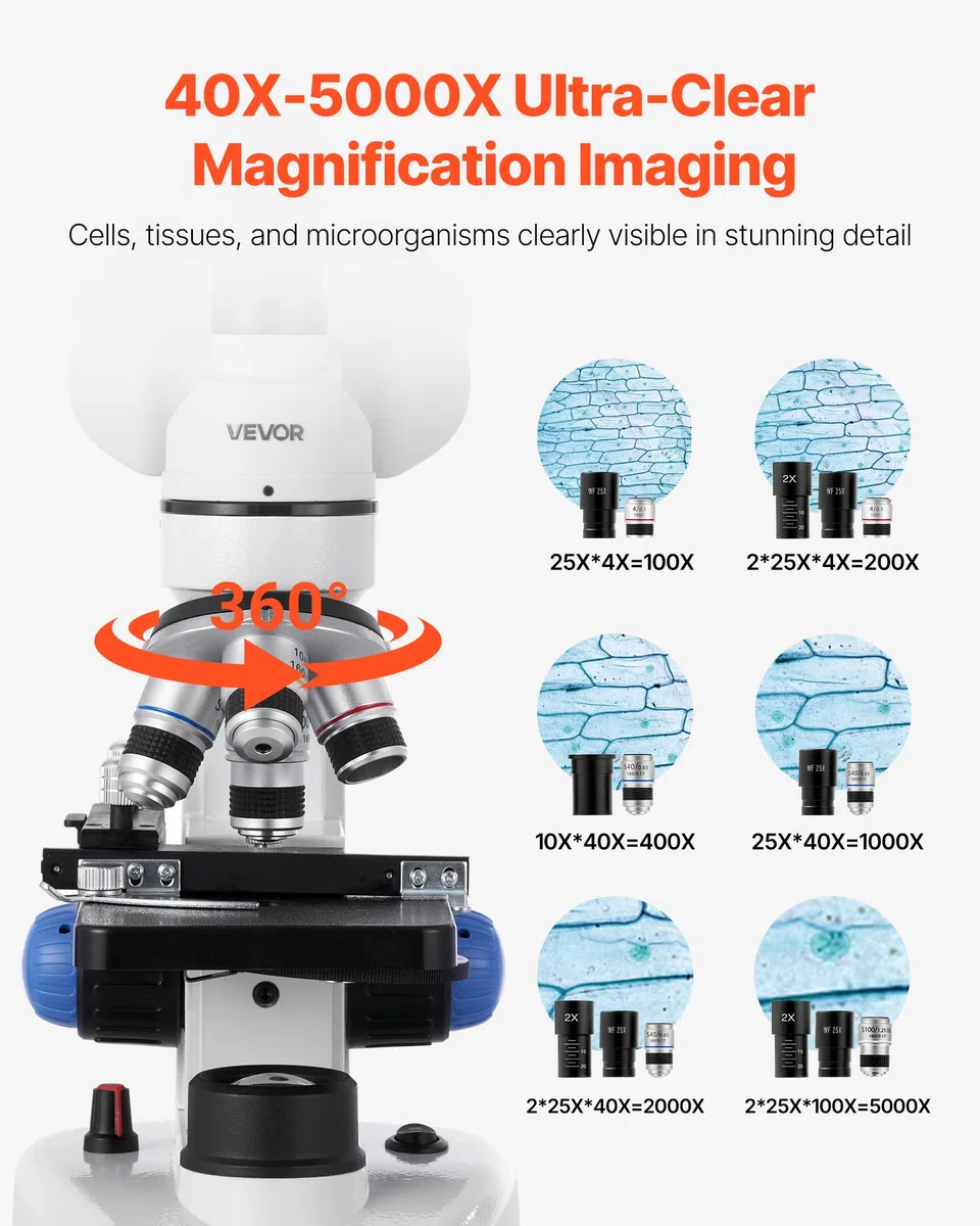 VEVOR Microscopio Compuesto con Aumento de 40-5000X Kit de Microscopio Trinocular Cuerpo de Aleación de Aluminio con Luz LED, Soporte para Teléfono Móvil, para Estudiantes, Laboratorio, Escuela