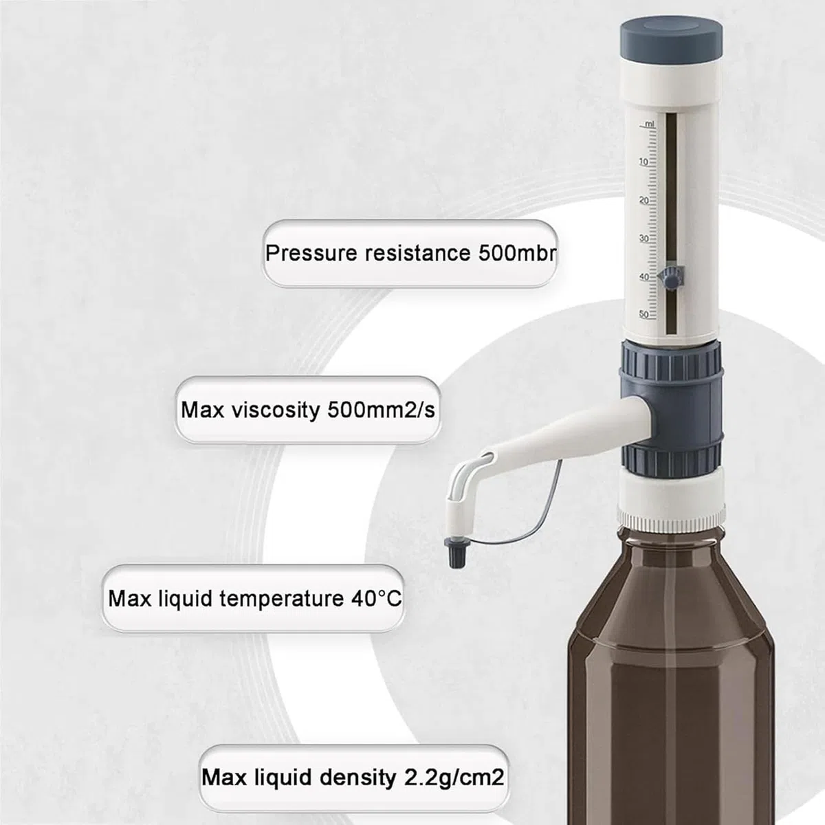 Equipo de dispensación de líquido de laboratorio, dispensador de botellas de adición de líquido cuantitativo de laboratorio de 0,5 a 50 ml con adaptador de boca de 5 botellas y diseño de escala de